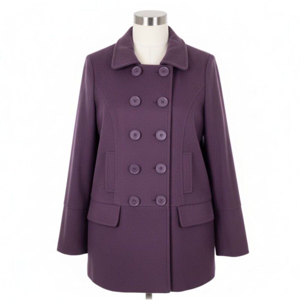 Outer Edge Plum Purple Pea Coat Double-Breasted Lined Winter Blazer Pockets Sz M